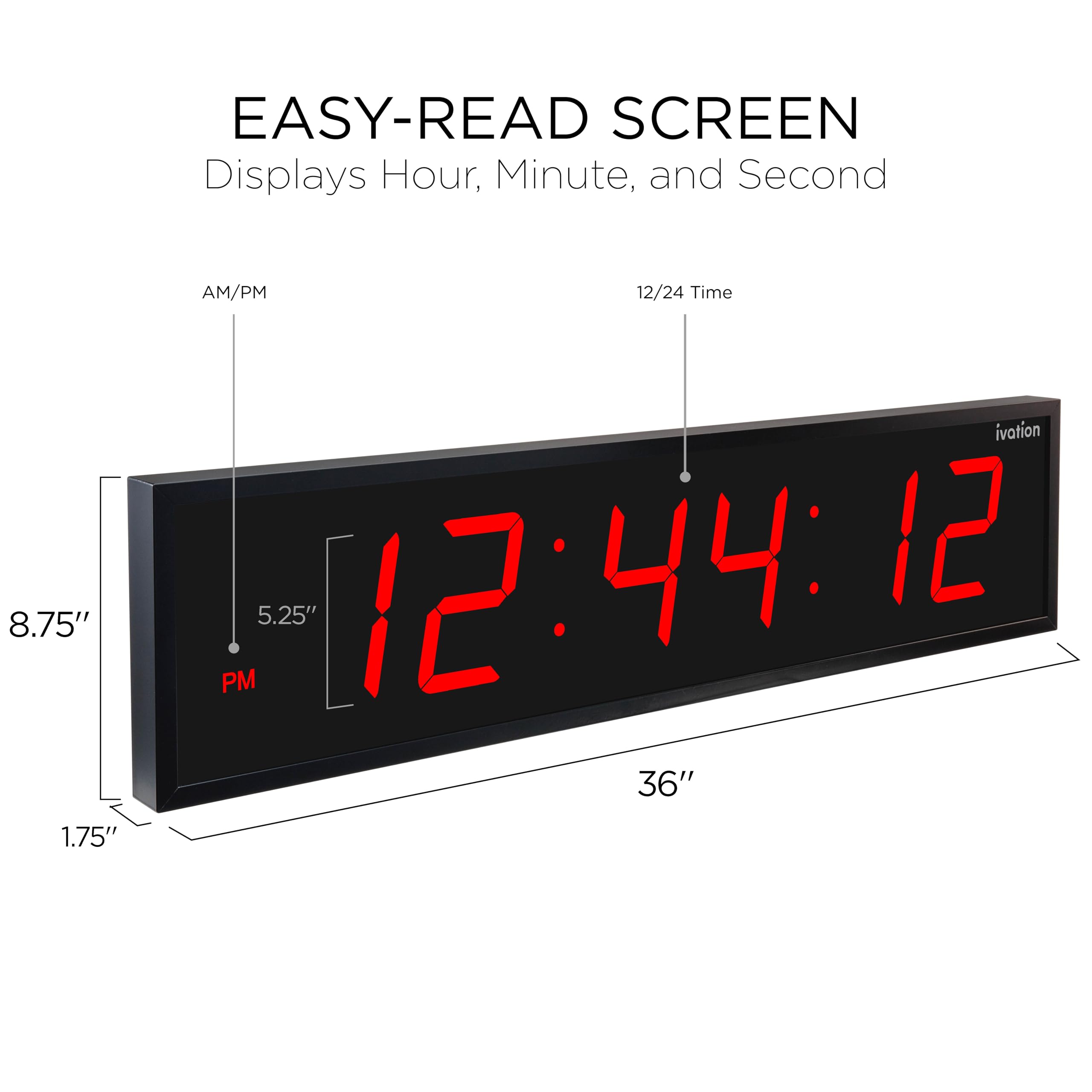 Ivation Oversized 36" Large Digital LED Clock | Big Digital Clock w/Multi-Function Display – Stopwatch, Timer, Alarms, Temp & Date | 6 Brightness Levels, Time Memory & Remote (Red)