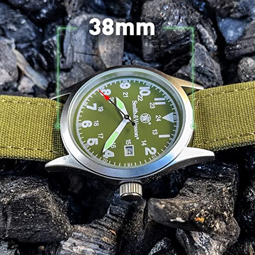 Smith & Wesson Men's Military Watch, 3 Interchangeable Canvas Straps, 3 ATM Water Resistant, Date Display, Scratch Resistant Glass, Suitable for Outdoor Activities, Swimming, 38 mm, Christmas Gift