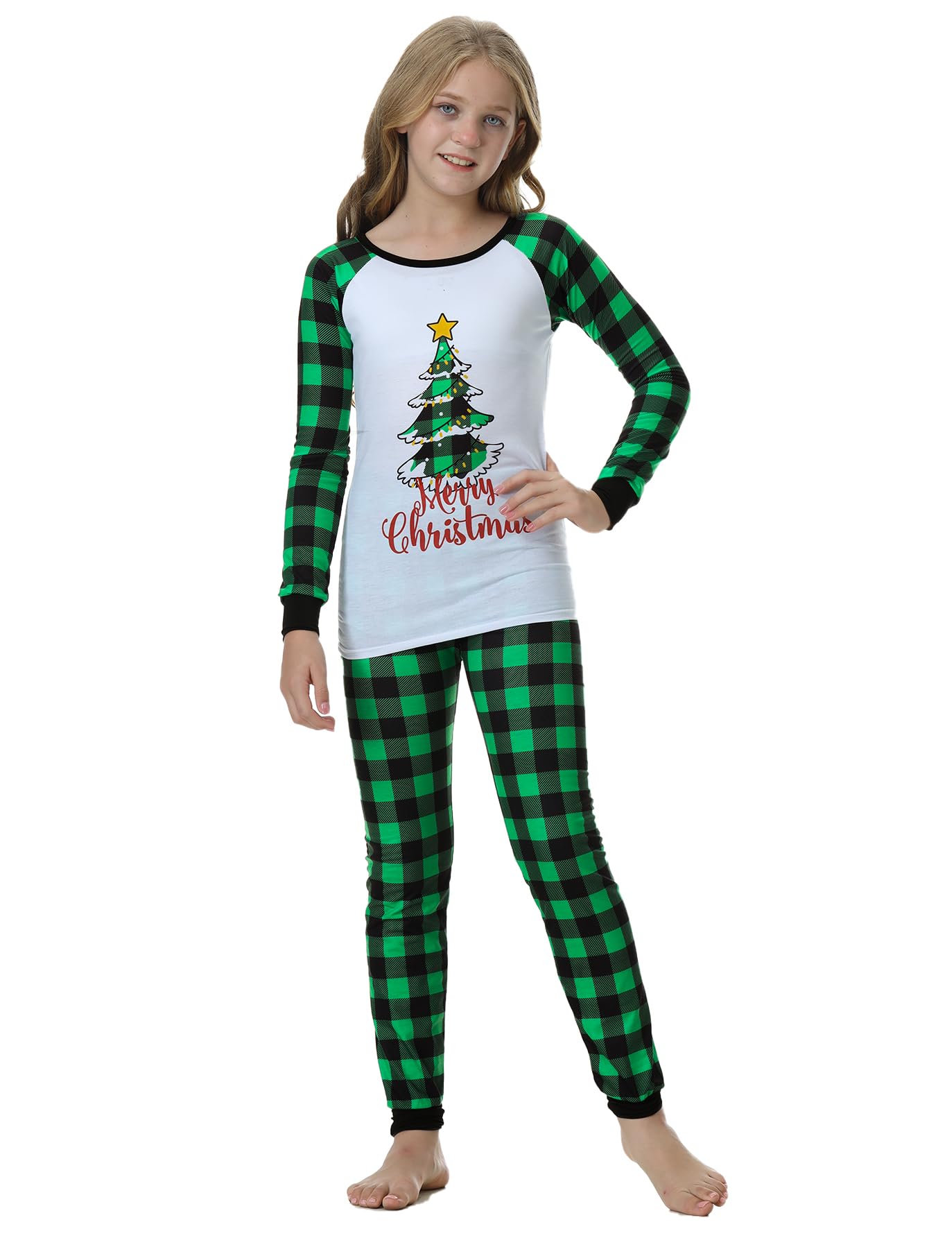 MyFav Matching Family Christmas Pajamas Xmas Tree Jammies for Adults and Kids Holiday Sleepwear,Green,Women-XS