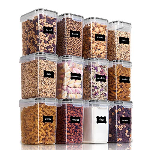 Vtopmart Airtight Food Storage Containers 12 Pieces 1.5qt / 1.6L- Plastic BPA Free Kitchen Pantry Storage Containers for Sugar, Flour and Baking Supplies - Dishwasher Safe - Include 24 Labels, Black