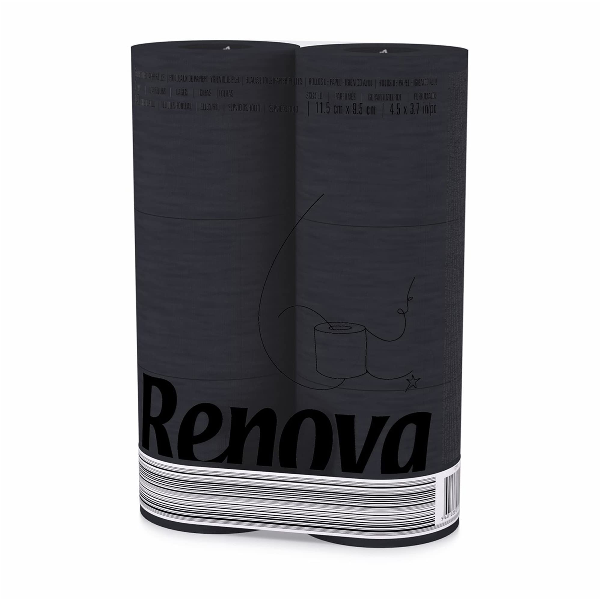 Renova Black Toilet Paper 3-Ply -Ideal for Decorating Your Home or Office - Pack of 6 Compact Rolls- 140 Sheets - Eco-label Certified - Dermatologically Tested - Septic Safe - Sustainable & Soft