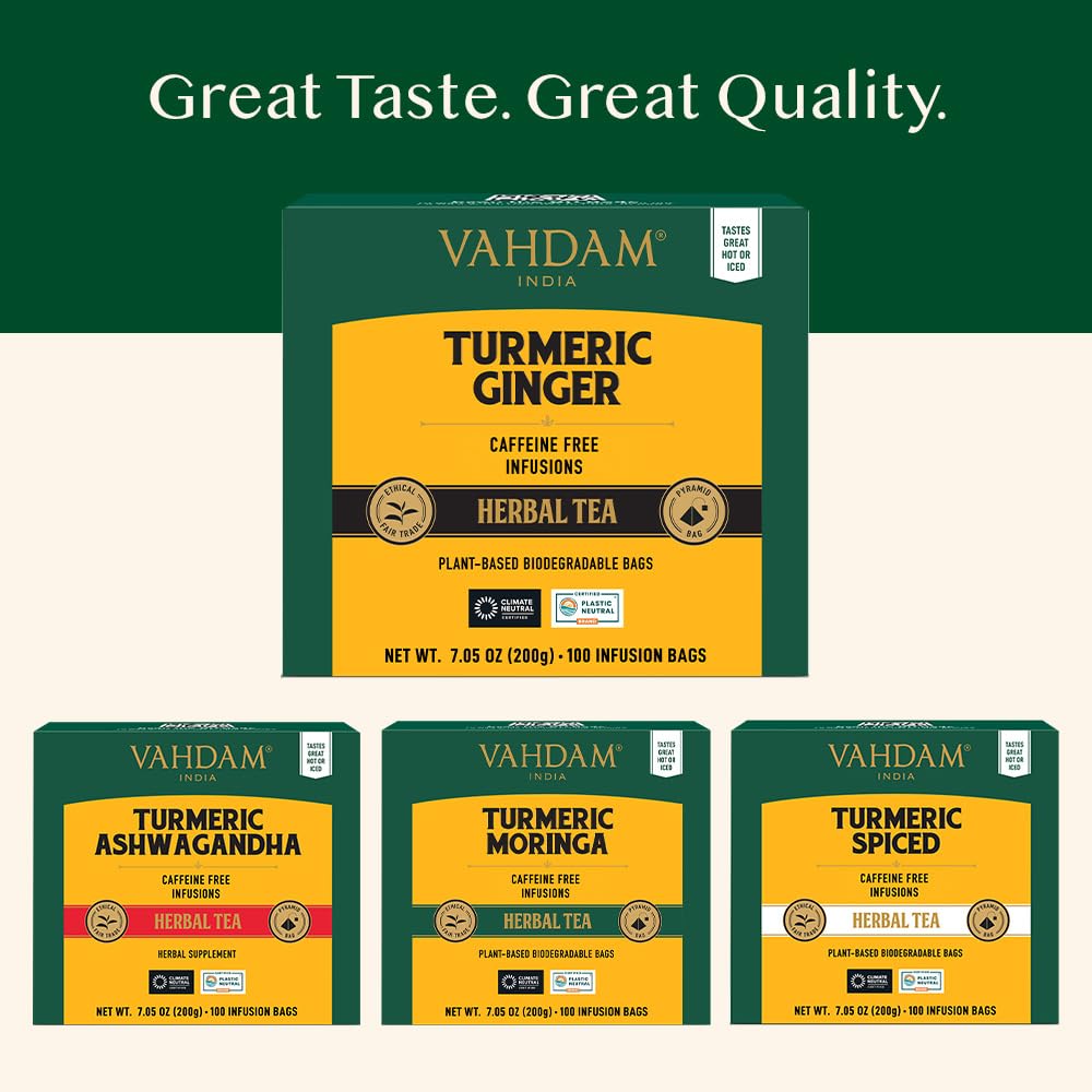 VAHDAM, Turmeric Ginger Herbal Tea Bags (100 Pyramid Tea Bags) Caffeine Free, Non GMO, Gluten Free | 100% Pure Herbal Blend - Savory & Spicy | Plant-Based Tea Bags | Resealable Ziplock Pouch