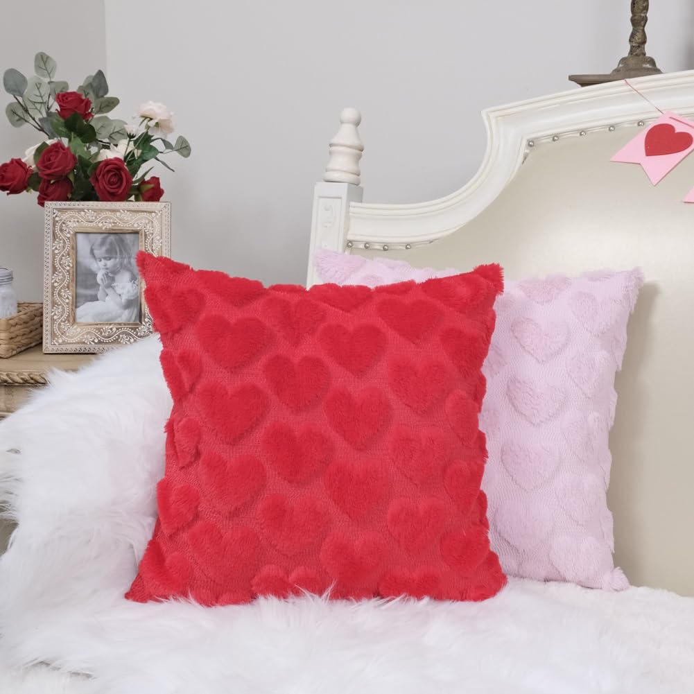 GEEORY Valentines Day Soft Plush Love Heart Pillow Covers, 18 x 18 Inch Set of 2, Faux Fur Wool Decorative Anniversary Cushion Case for Sofa Home Decoration Red GC010-18