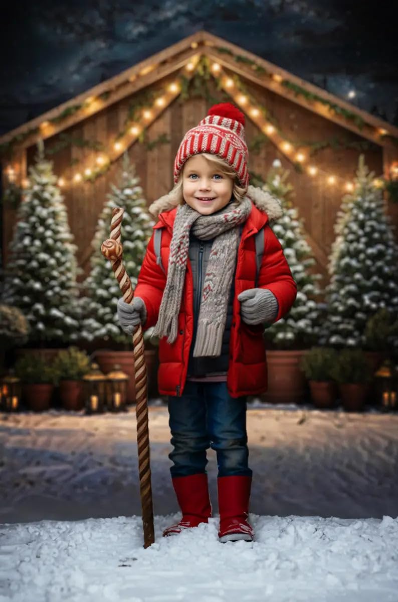 Kate Christmas Farm Photo Backdrop Dark Brown Wooden Barn Background Winter Snowy Pine Trees Photo Background Studio Props,7x5ft