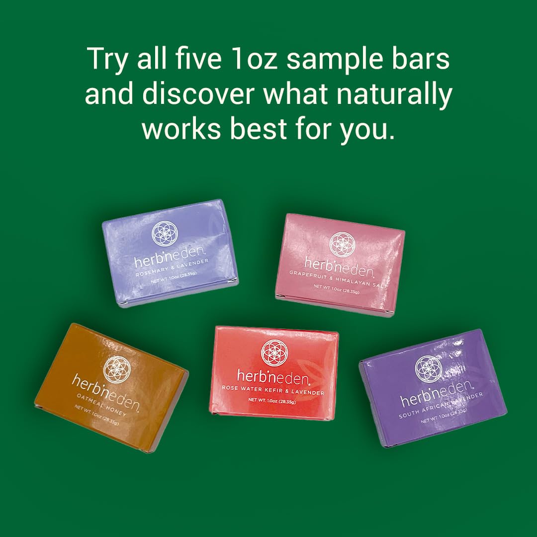 Herb’N Eden Pack of 5 Soaps for Women | 100% Natural Ingredients | Essential Oils | Dry, Sensitive, Oily, Mature, Combo, Normal, Eczema, Psoriasis Skin | Face, Body, Yoni | 1oz Bar Samples