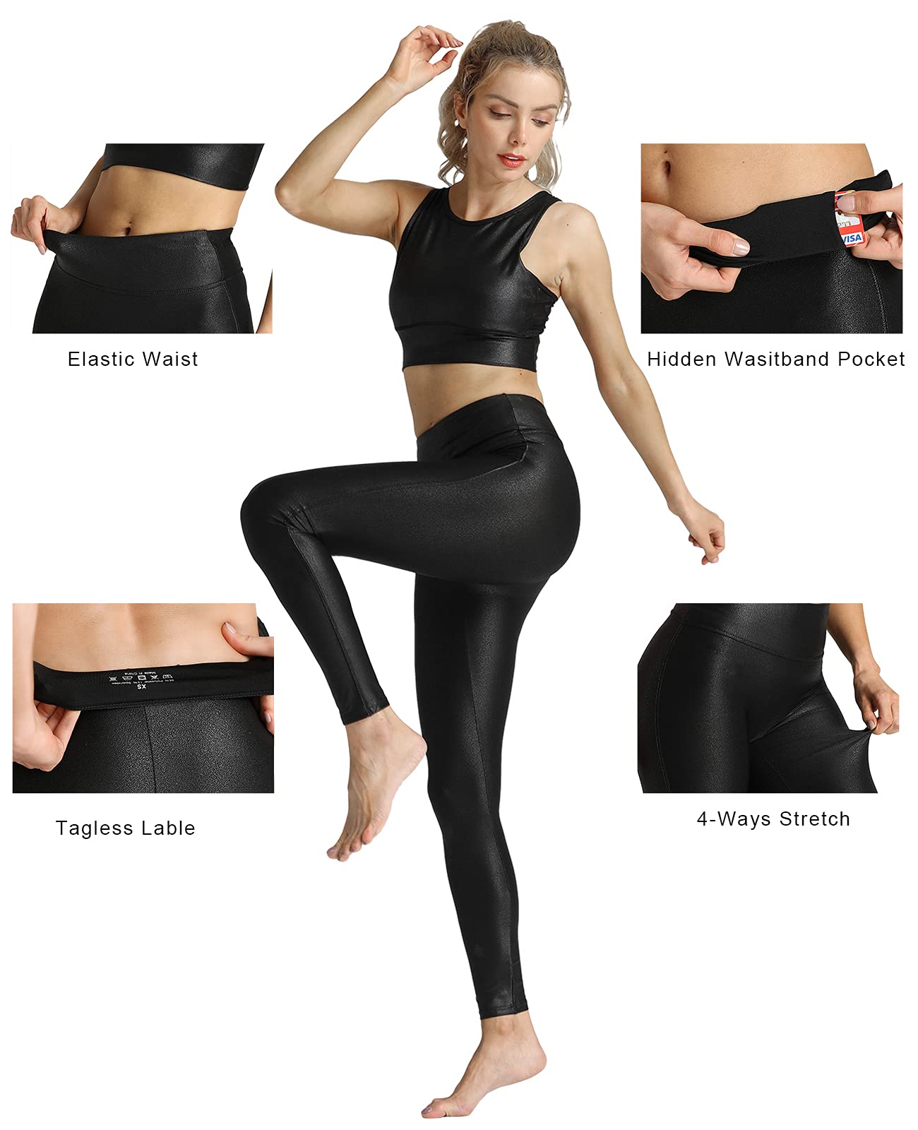 Tsful Faux Leather Leggings for Women Tummy Control High Waist Dressy Seamless Stretch Pleather Yoga Pants Black