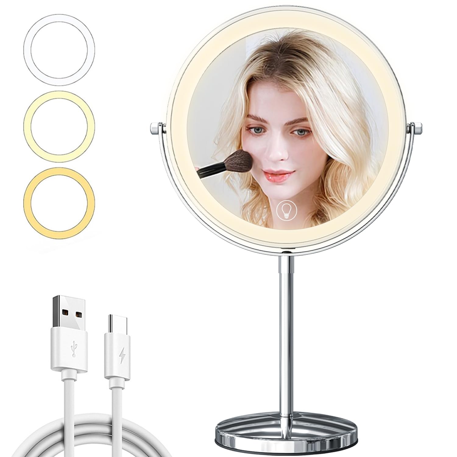 9in Vanity Mirror with Lights, Rechargeable&Dimming Lighted Makeup Mirror, 3X/20X Double Sided Magnifying Mirror, 5000mAh, 360 Rotate,3 Color Lights,Brightness with 80 LED,No Height Adjustment,Silvery