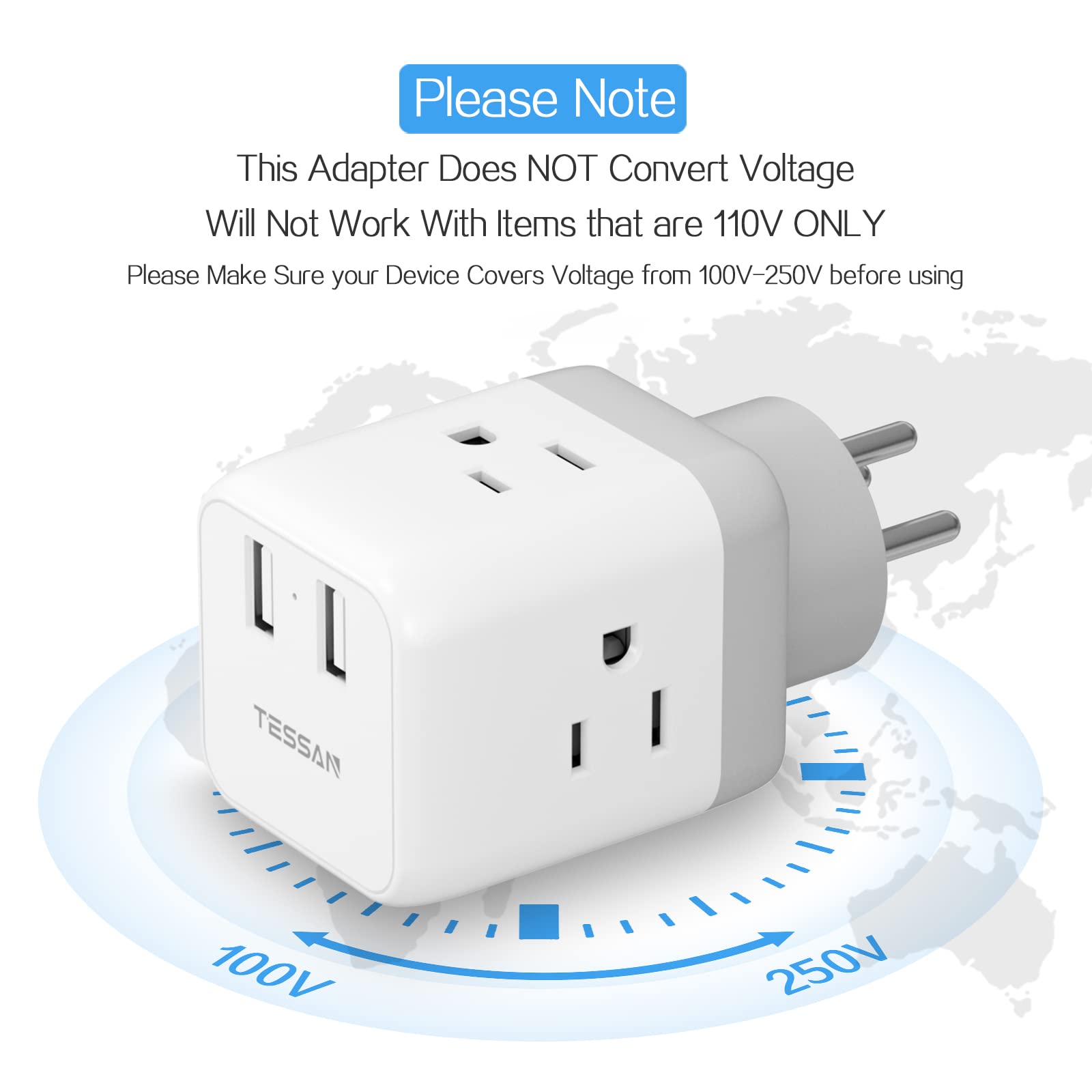 TESSAN Israel Power Adapter US to Israel Plug Adapter with 3 Outlets 2 USB Charging Ports, Power Outlet Converter for Israel, Palestine, Jerusalem, Holy Land, Gaza Strip, Type H Output