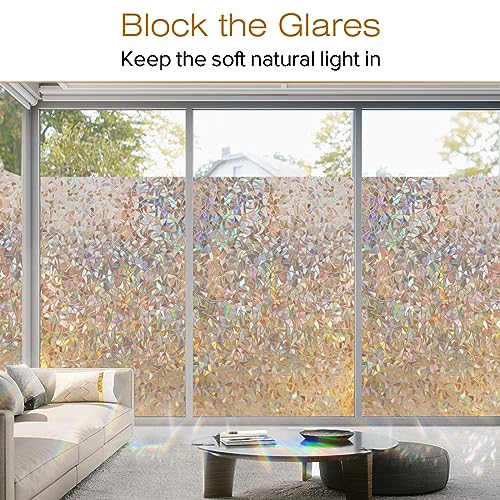 rabbitgoo Window Privacy Film, Rainbow Static Cling Decorative Stained Glass Window Film, Heat Control Window Tinting Film for Home, Grayish Silver, 35.4 x 157.4 inches