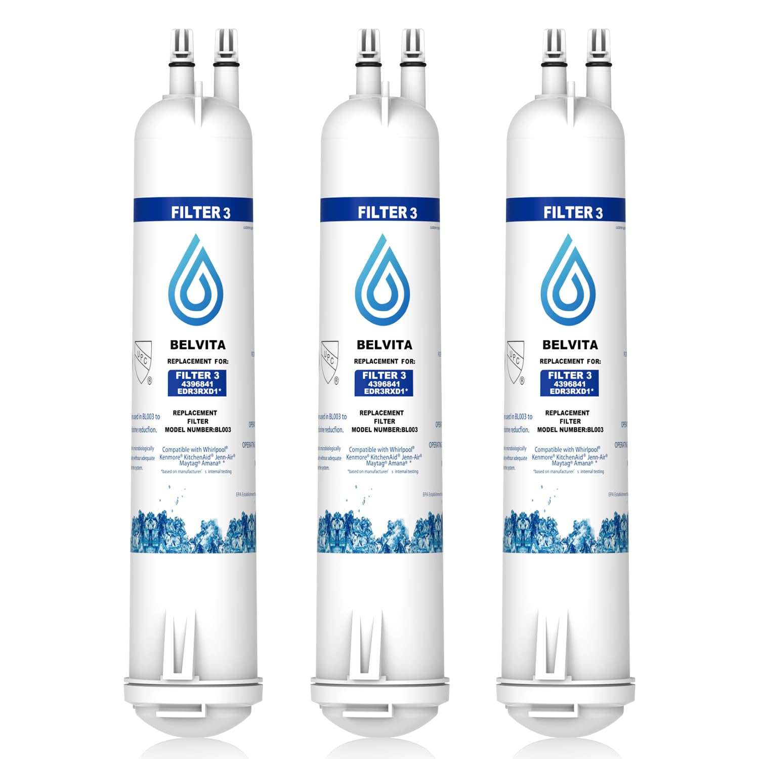 BELVITA Compatible with EDR3RXD1, 4396841, 4396710, Filter 3, 46-9083,46-9030, 9030, 9083 Refrigerator Water Filter (3 Pack)