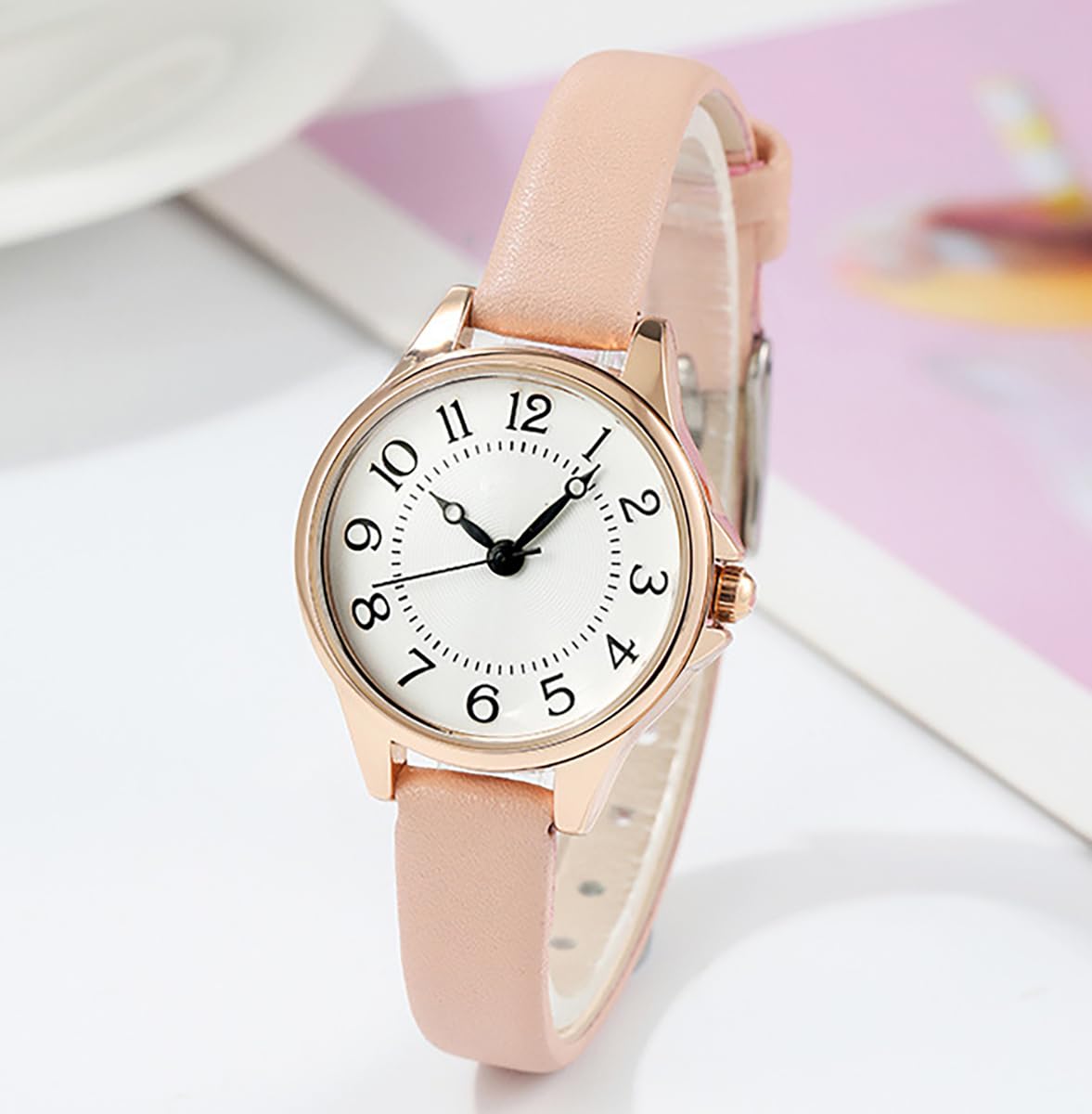 BESTKANG Women's Fashion Leather Strap Watch Easy - Read Dial Casual Quartz Wristwatch Waterproof Watch Women's Small Wrist Watch (Pink)