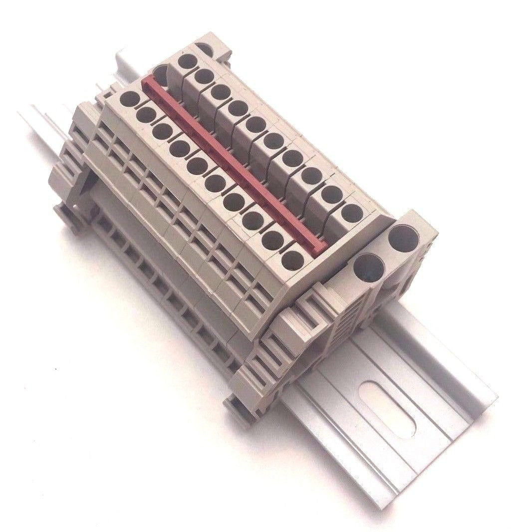 Dinkle Power Distribution DK2.5N 10 Gang Box Connector DIN Rail Terminal Blocks, 12-22 AWG, 20 Amp, 600 Volt Solar Combiner Beige