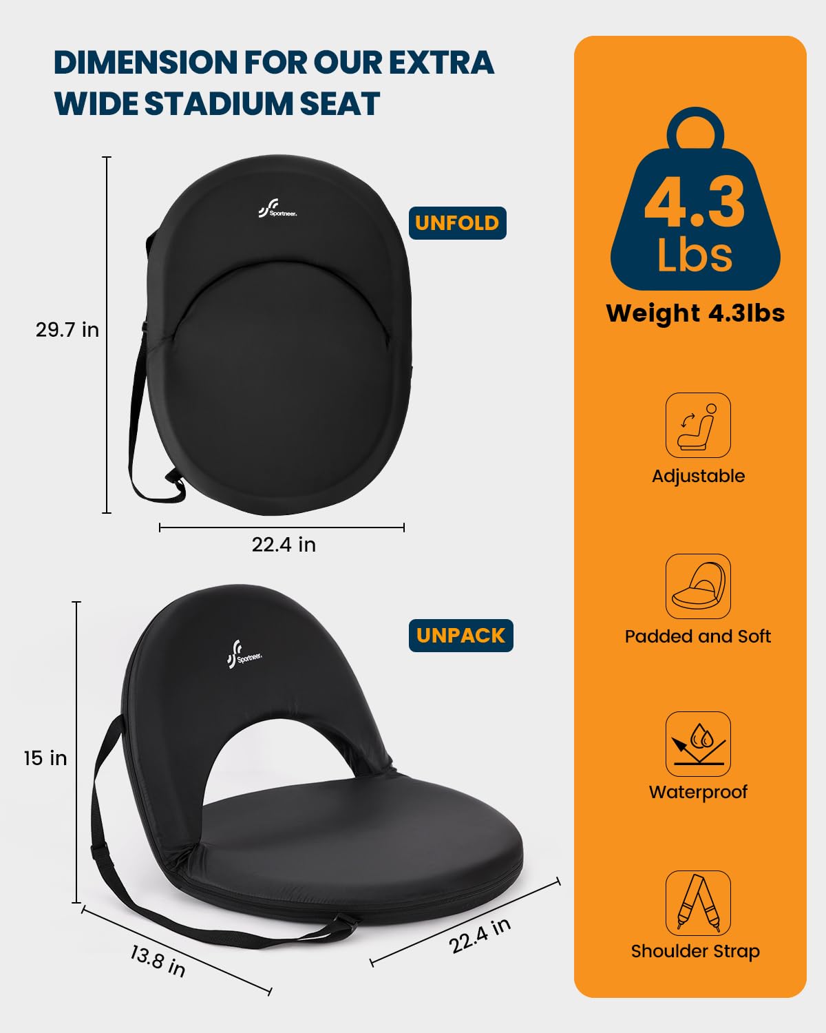 Sportneer Stadium Seats with Back Support: Extra Wide Stadium Seats for Bleachers with Shoulder Strap 2 Pack - Portable Round Bleacher Seats with 6 Reclining Positions for Camping, Sport, Event