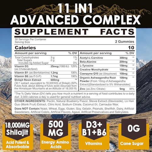 1Pack 18,000mg Shilajit Supplement Gummies for Men & Women with Ashwagandha, CoQ10 I Sugar Free I Pure Himalayan Organic, L-Tyrosine, Beta-Alanine, B1 B6 for Muscle, Energy, Performance,Brain Function