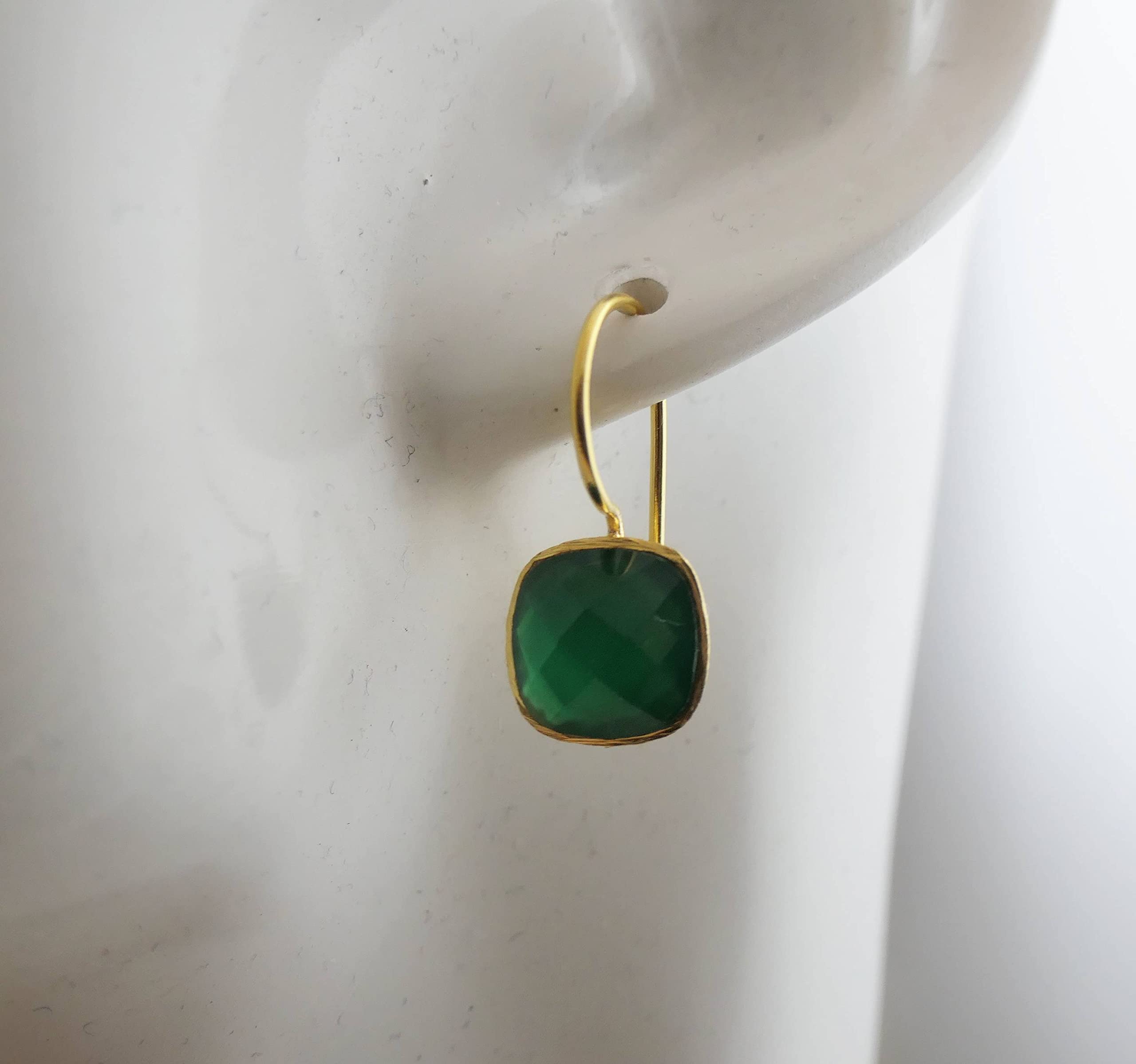 Cushion Cut Natural Green Onyx Gold Plated Sterling Silver Drop Dangle Earrings - Handmade Gemstone Jewelry Gift Ideas for Women (Green Onyx)