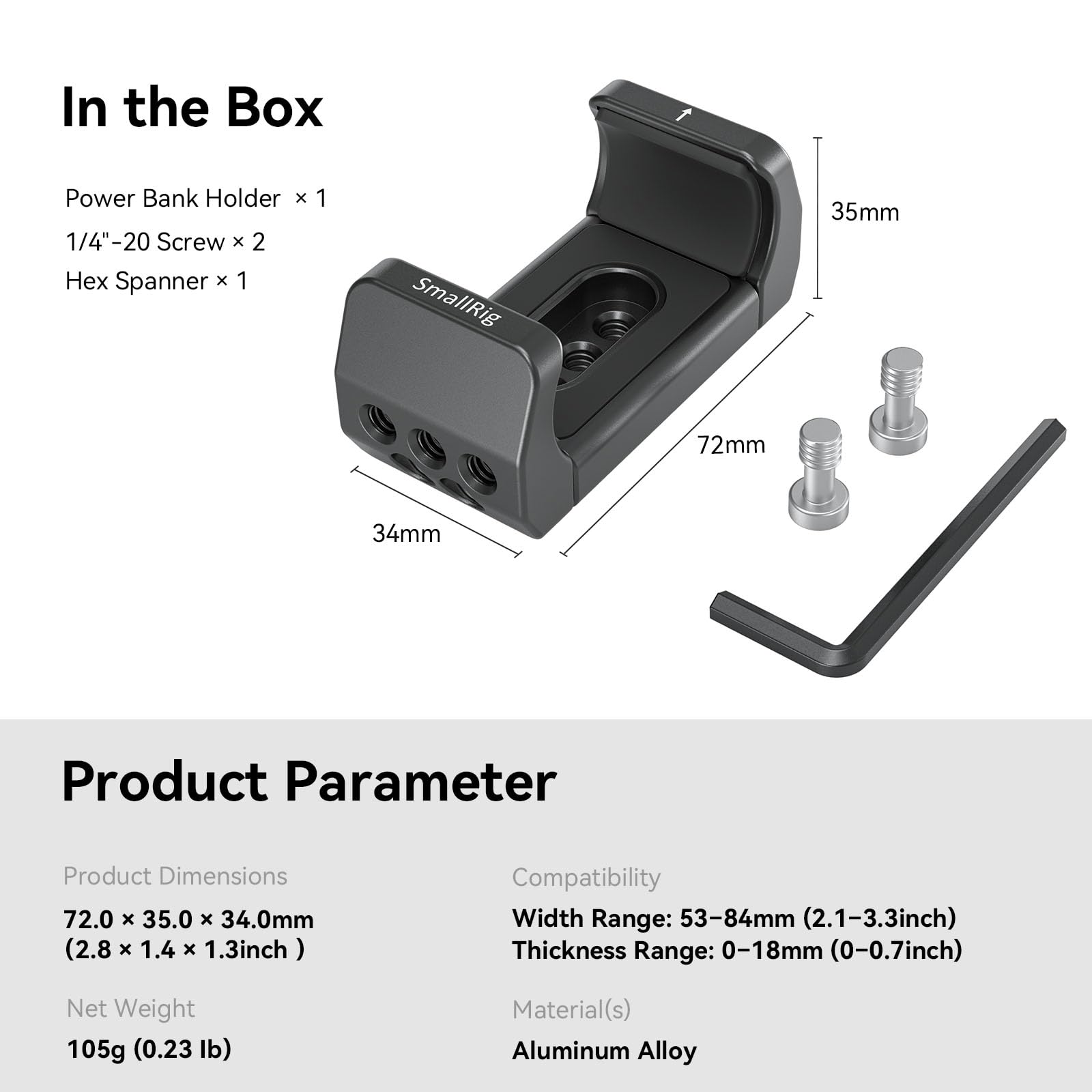 SmallRig Aluminum Power Bank Holder, Powerbank Mount Clamp Compatible with Width Range: 53 mm–84 mm (2.1–3.3 inches) and Thickness Range: 0 mm–18 mm (0–0.7 inch) Power Banks - BUB2336