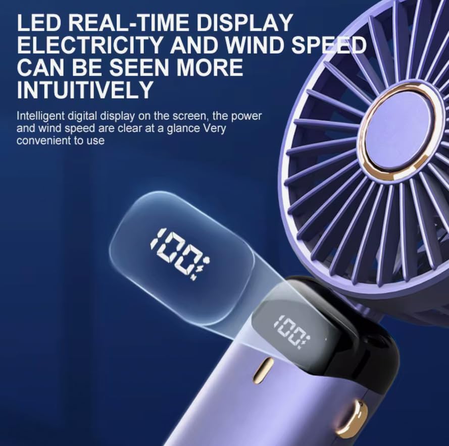 CasaCare Handheld Mini FAN with LED Display, USB Rechargeable Mini Cooling Device with 5 Speeds, Foldable Personal Cooler for Travel, Office, Outdoor, Makeup