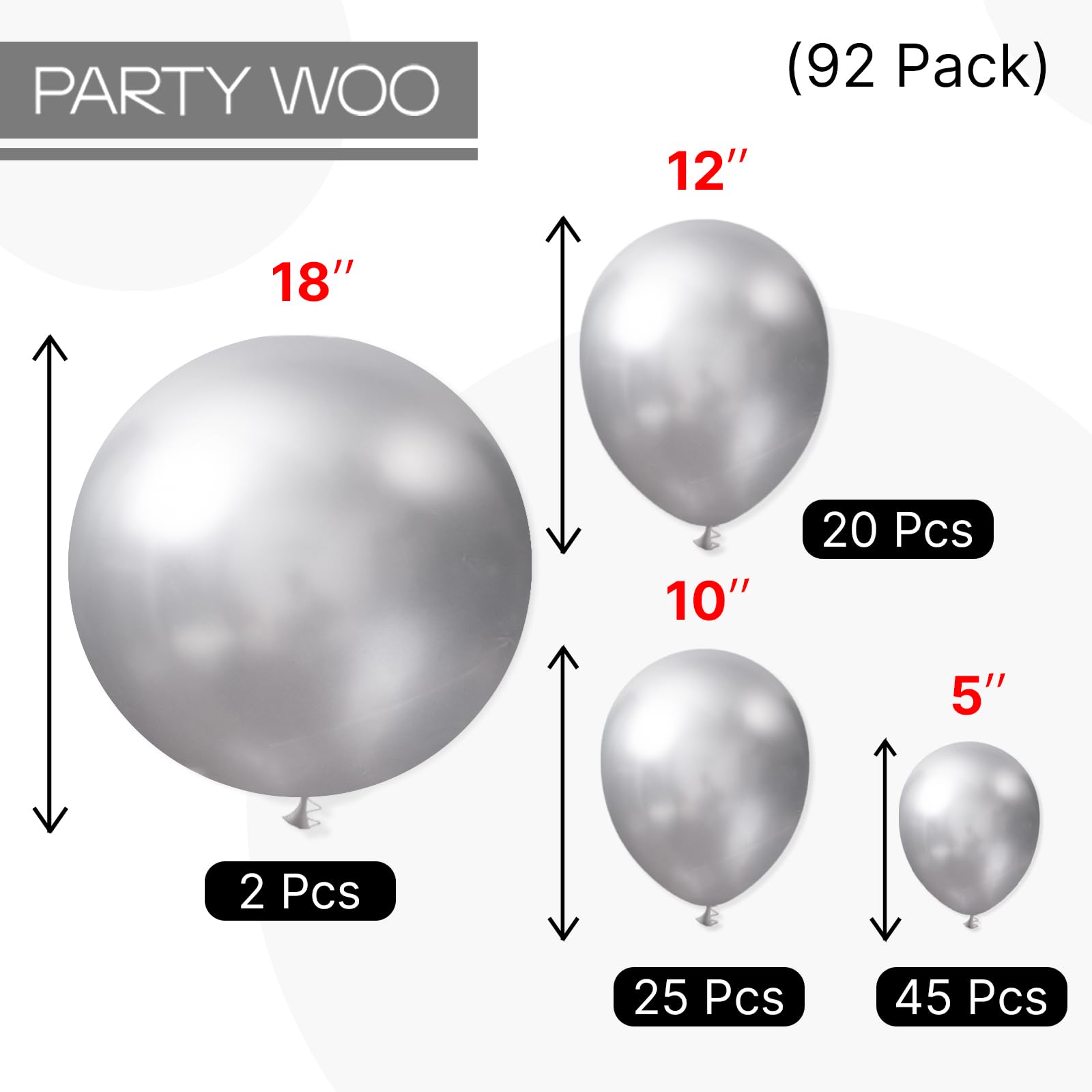 PartyWoo Metallic Silver Balloons 90 pcs Different Sizes Pack of 18 12 10 5 Inch Chrome Silver Balloon Arch Kit Garland for Graduation New Year Wedding Birthday Party Decorations Silver-G102