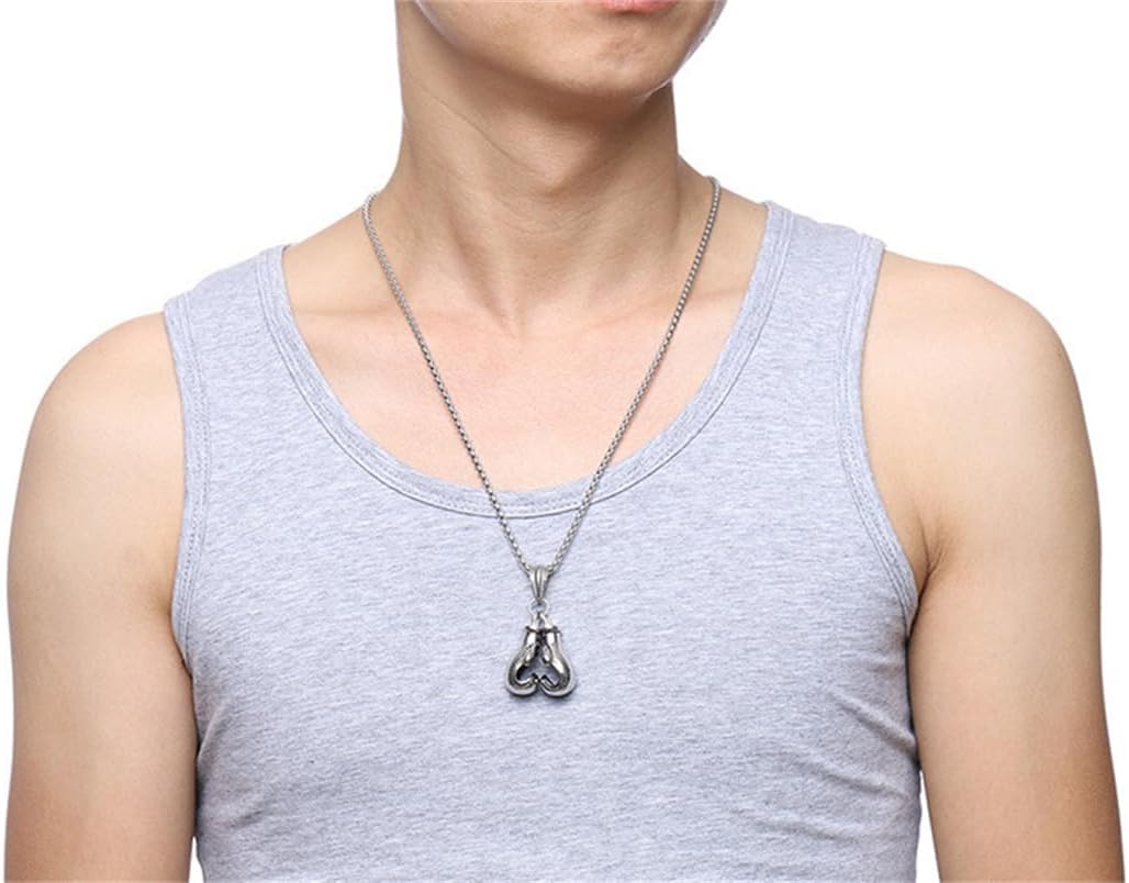 LXSSLY Silver Boxing Gloves Necklace,Punk Boxing Chain,Goth Boxing Glove Charm Pendant Necklace,Stainless Steel Necklace for Men Women Boys