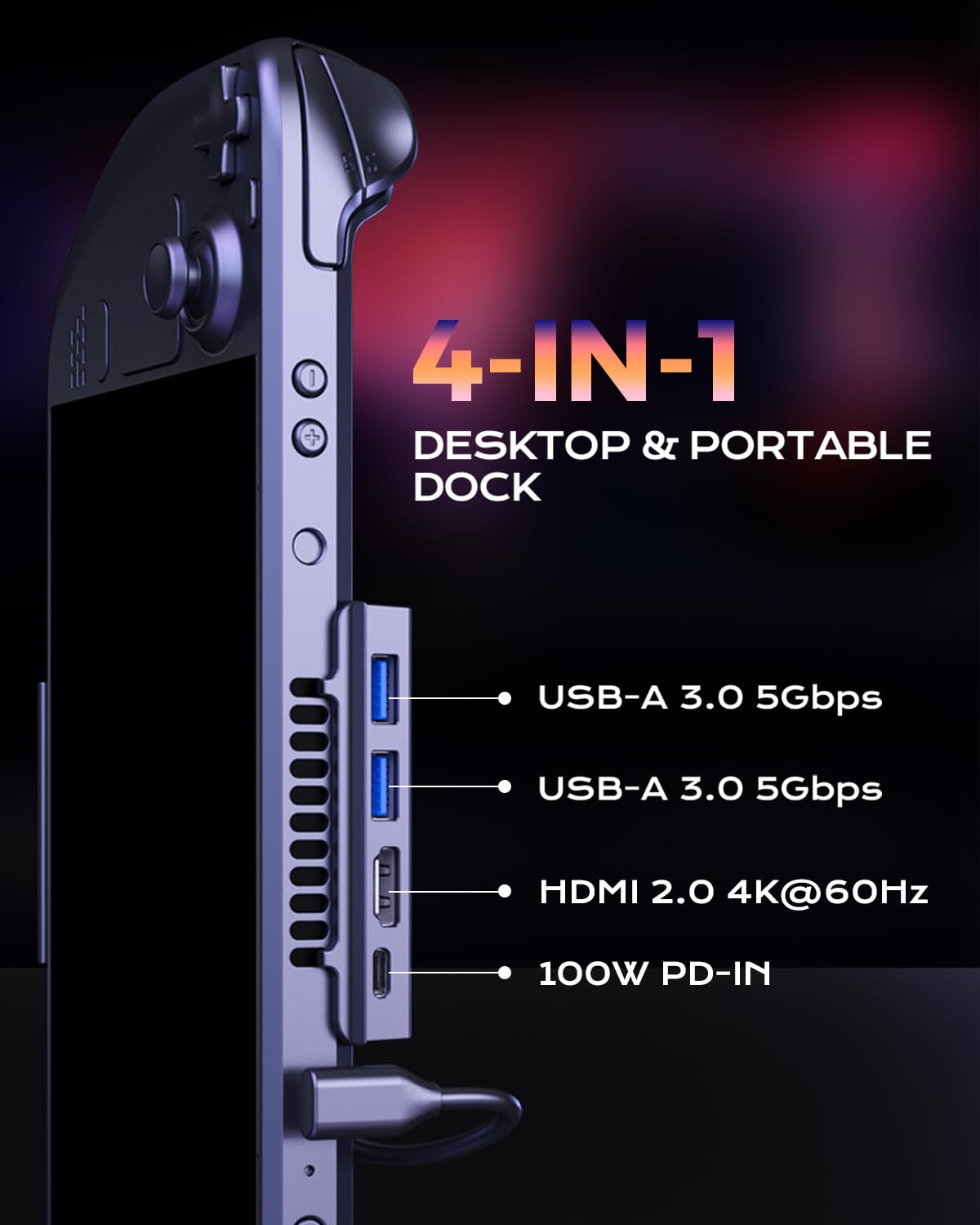NewQ Portable Steam Deck Dock for Steam Deck/OLED, Stand Design USB C Hub with HDMI 4K@60Hz, 2 USB-A, PD-in 100W Max, Travel Steam Deck/Steam Deck OLED Accessories