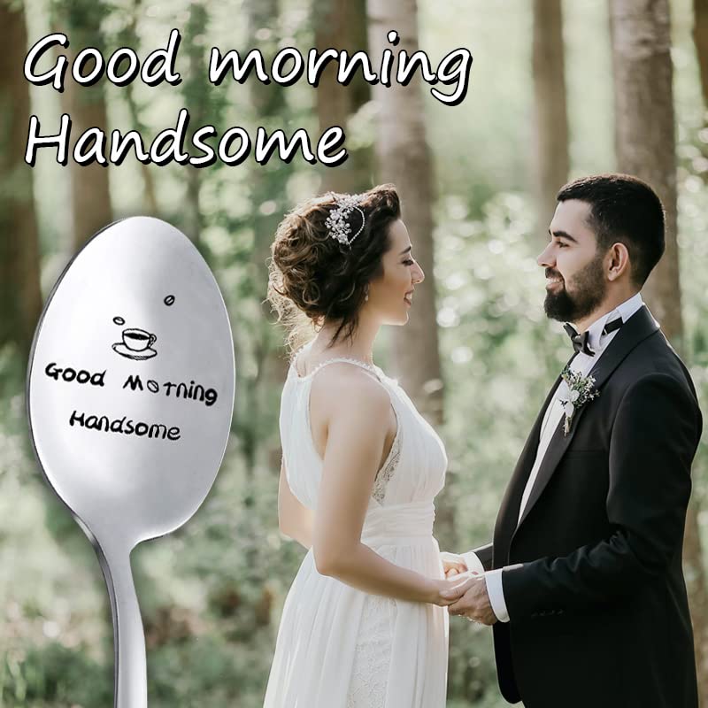 Good Morning Handsome Spoon Gift for Valentines Day Anniversary, Husband Boyfriend Birthday Gifts for Hubby Him BF Fiance Tea Peanut Butter Spoons Long Handled