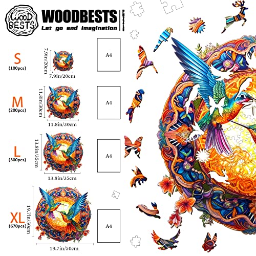 WOODBESTS Wooden Jigsaw Puzzle for Adults, Mandala Hummingbird Puzzle (S, 100pcs, 7.9"x7.9") Beautiful Wooden Box, Puzzle Wood Unique Shape, Birthday Gifts for Adults and Kids Family Game