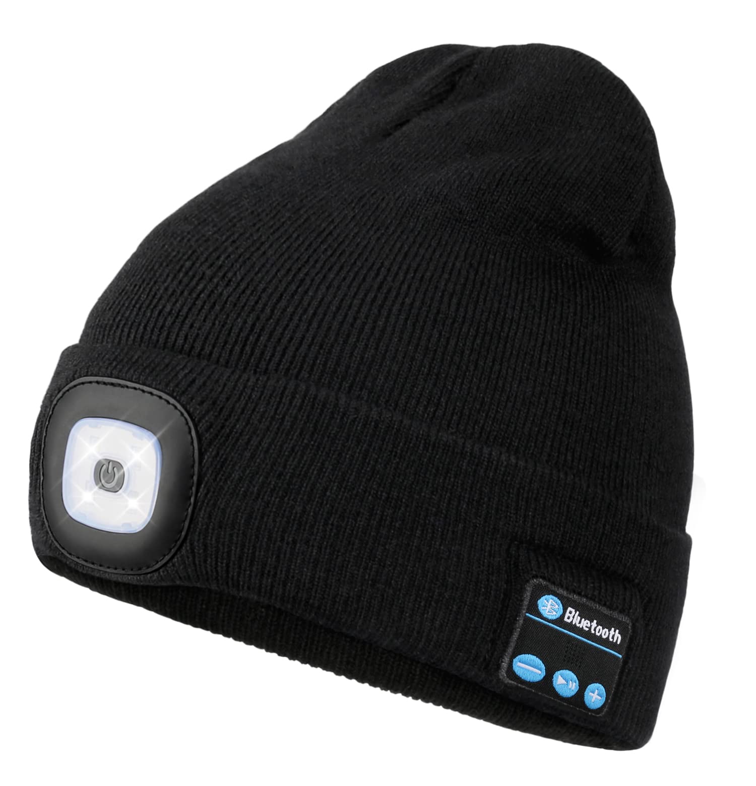 Wmcaps Bluetooth Beanie with a Light, Unisex USB Rechargeable 4 LED Fashlight Hat with Cordless Headphones, Unique Christmas Birthday Gifts for Men Him Husband Teen Black