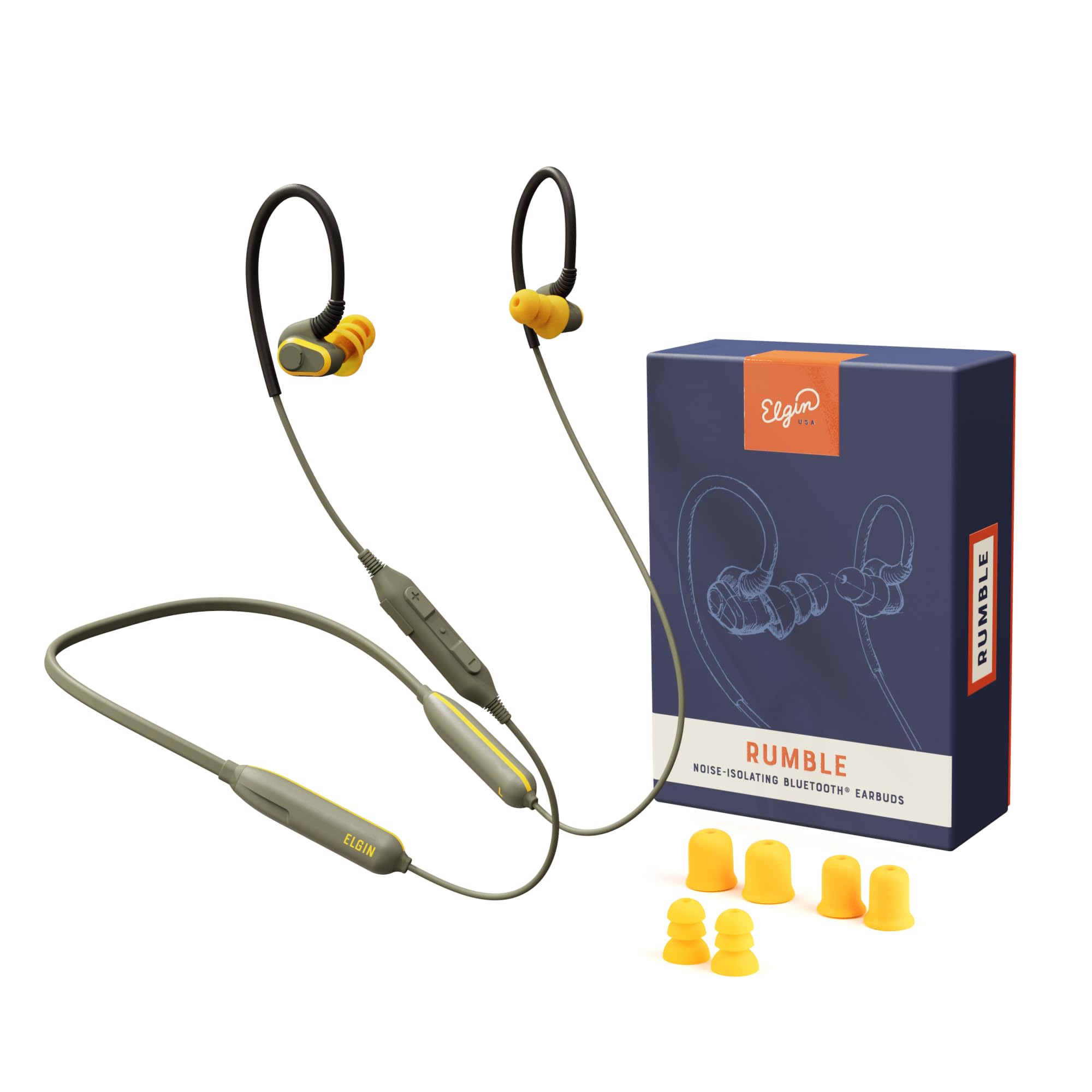 Elgin Rumble Bluetooth Earplug Earbuds, 27 dB Noise Reduction Wireless Headphones with Noise Cancelling Mic, 20 Hour Battery Life, IP67 Waterproof, OSHA Compliant Hearing Protection for Work