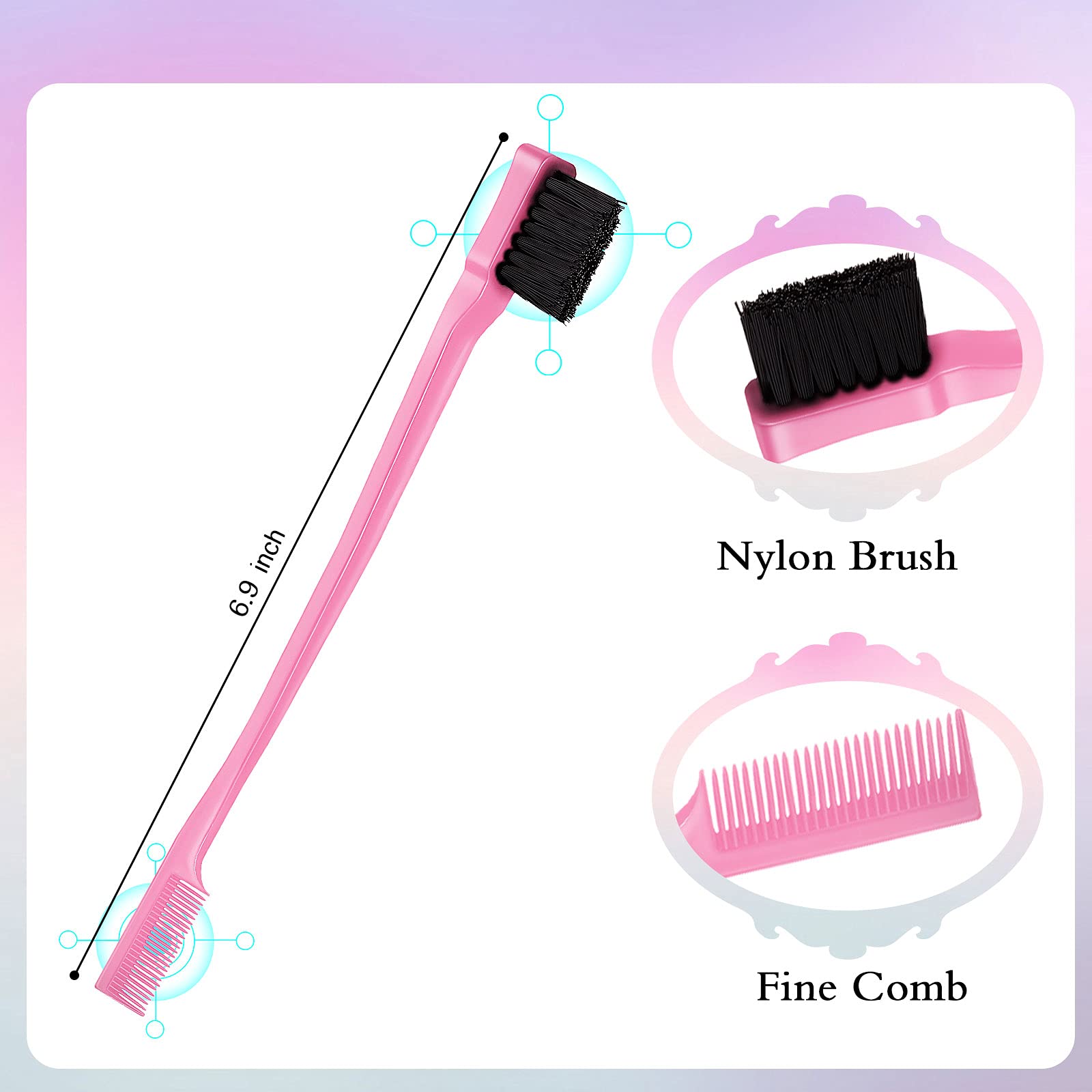 Geiserailie 3 Pcs Slick Back Hair Brush Set Bristle Hair Brush Edge Control Brush Teasing Comb for Women Baby Kids' Black Hair (Light Pink)