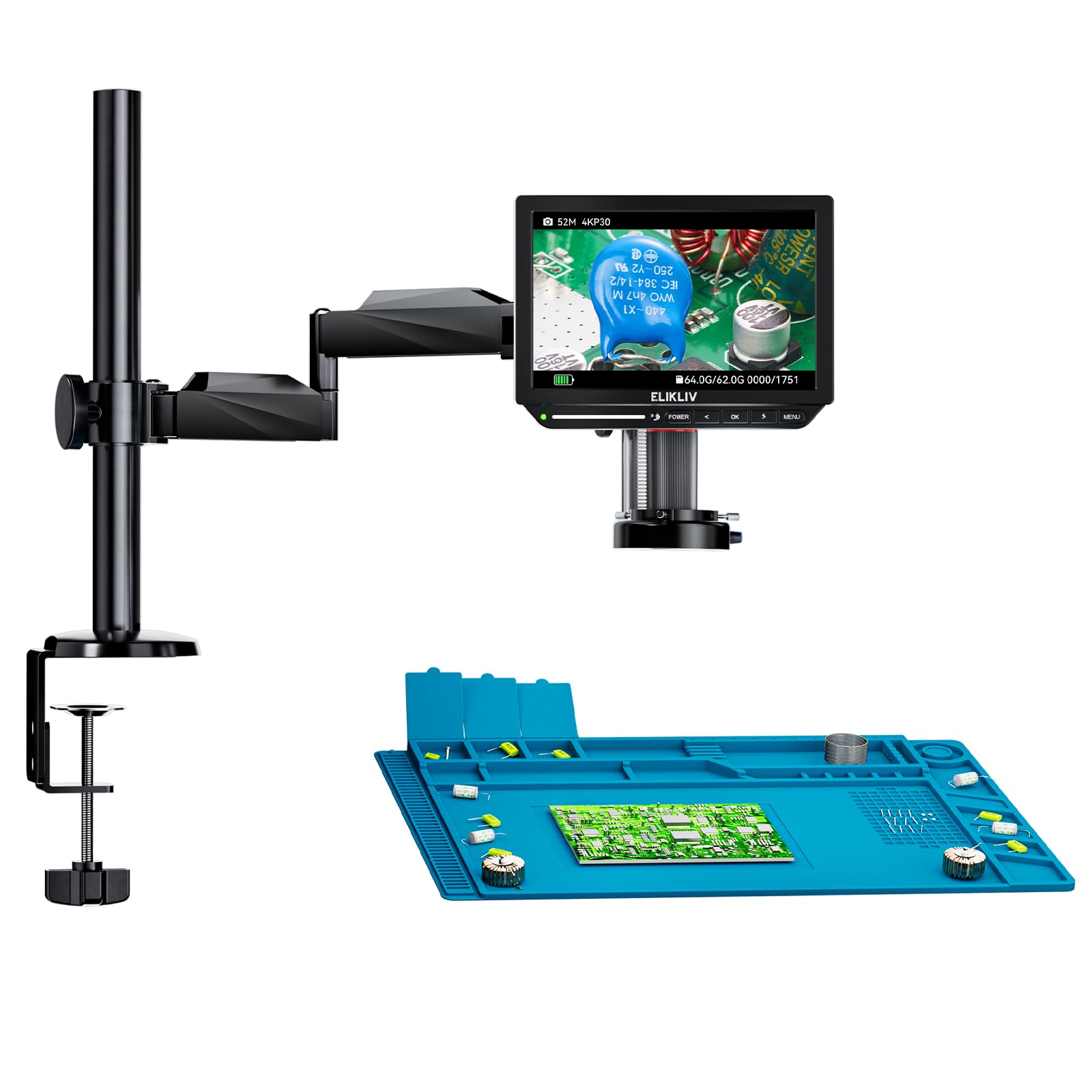 Elikliv EM4K Flex 4K Soldering Digital Microscope, 10.1" HDMI Microscope with Flex Arm Stand,52MP Coin Microscope, Ring Light, Silicone Soldering Mat