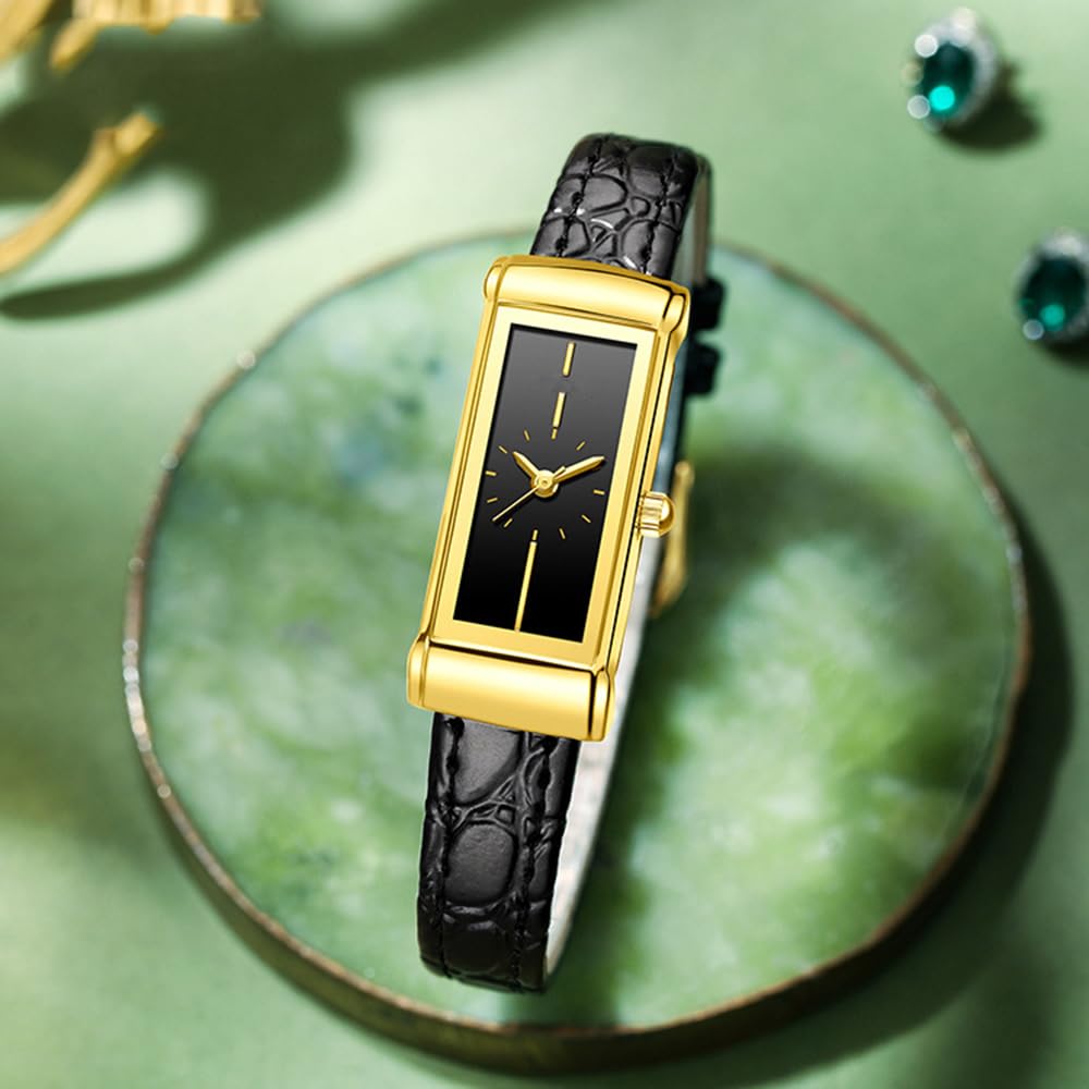 BESTKANG Women's Leather Watch Fashionable Rectangular Elegant Retro Waterproof Wrist Watch (Black Gold)