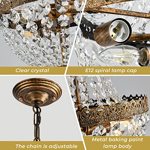 KAIQI 4 Lights French Empire Mini Crystal Chandelier Farmhouse Pendant Lighting, Bronze Finish Ceiling Light Fixture for Dining Room Bedroom Foyer Living Room, D12.6inch x H19.7inch