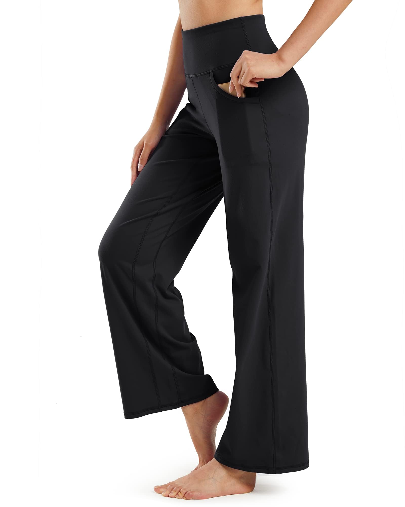 Promover Wide Leg Pants Woman Yoga Pants with Pockets Loose Stretch Casual Lounge Sweatpants Women Fashion Clothing(Black,M,30")