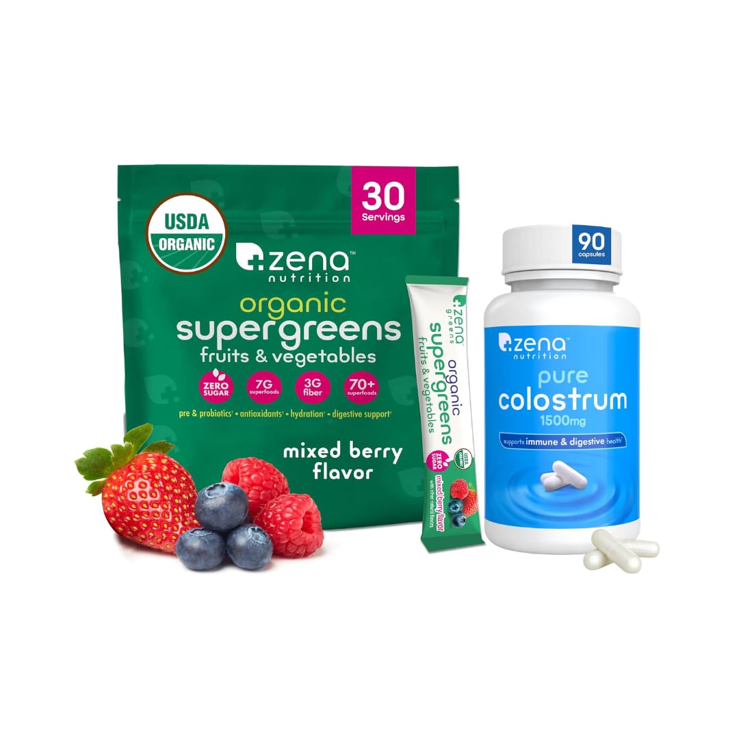 Zena Nutrition Organic Supergreens Greens Powder, 70+ Superfoods, Mixed Berry, 30 Drink Mix Packets + Pure Colostrum Capsules, 1500mg Supplement, 1 Month Supply, 90 Capsules