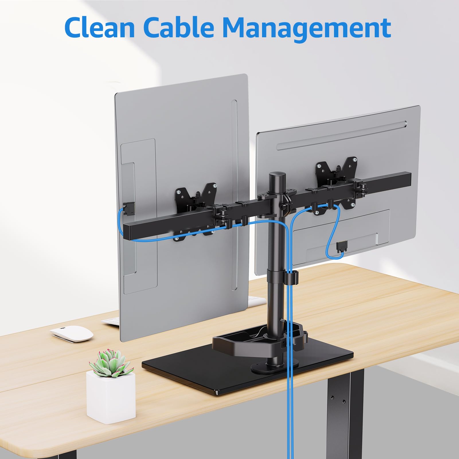 MOUNTUP Dual Monitor Stand, Free Standing Monitor Desk Mount for 2 Screens fits 13-27 inch, Holds Max 17.6 lbs, Computer Monitor Arms with Tempered Glass Base & Storage Tray VESA 75x75 &100x100mm