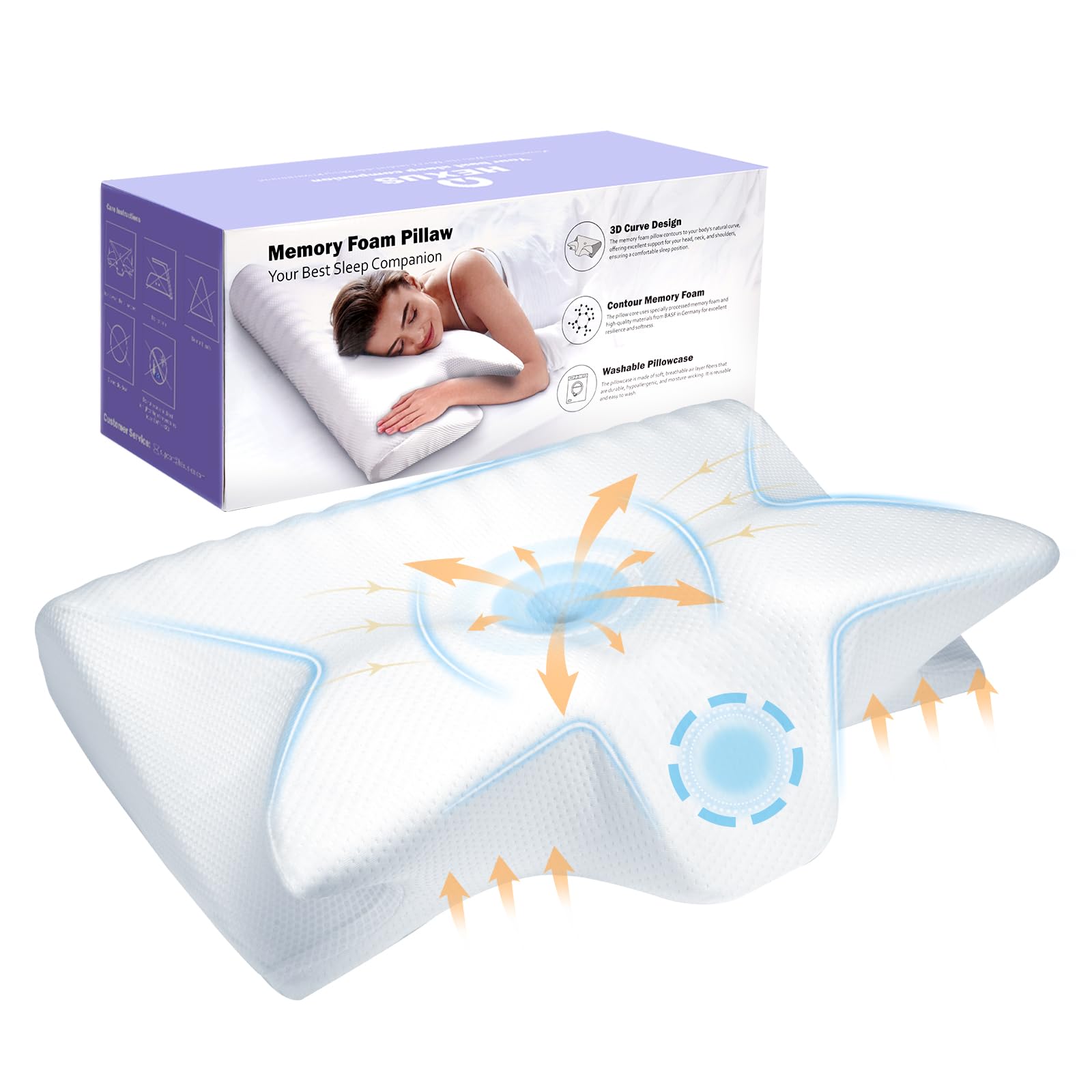 Hexus Cervical Pillow for Neck Pain Relief, Ergonomic Hollow Design, Odorless Memory Foam Pillow for Sleeping, Orthopedic Contour Neck Support Pillows for Side, Back, and Stomach Sleepers, White