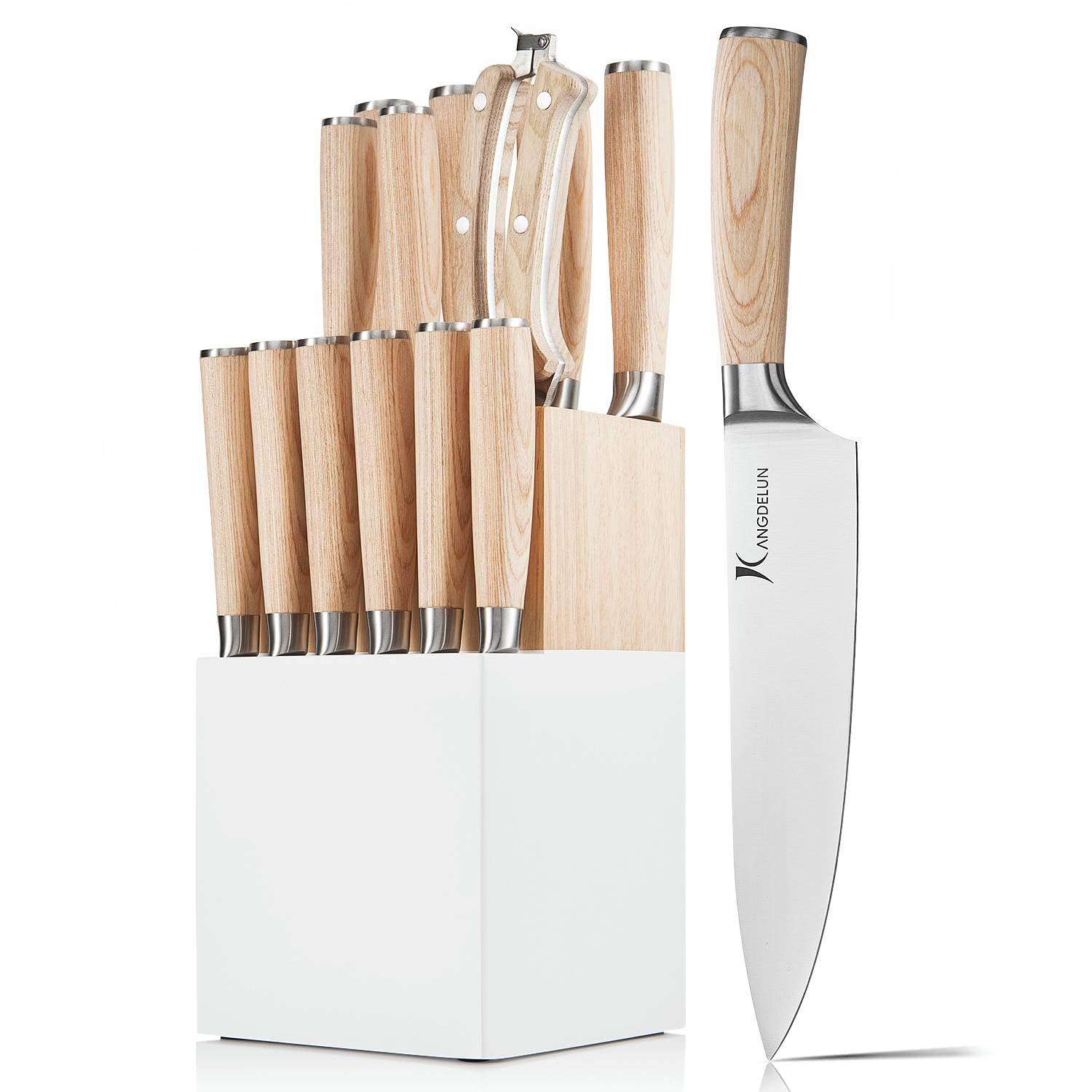 Kangdelun 14 PCS White Block Knife Set, Ultra Sharp High Carbon Stainless Steel, Wood Handle