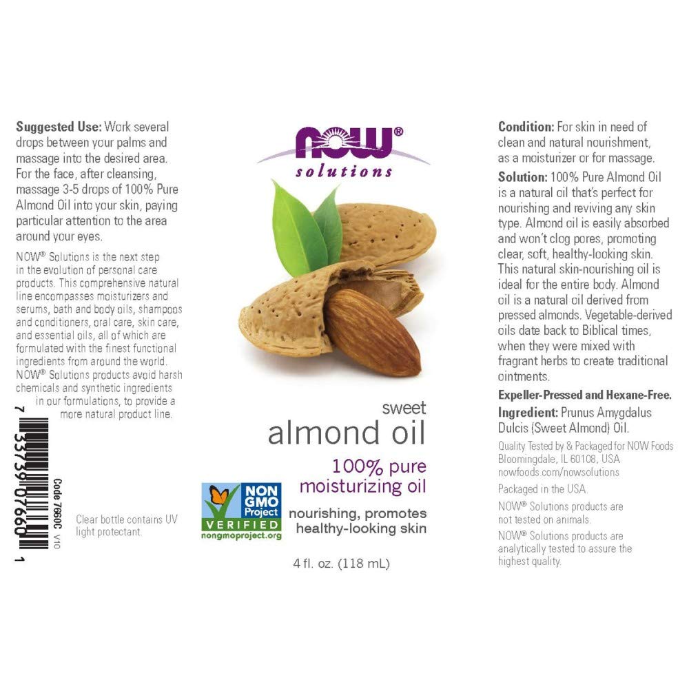 NOW Solutions, Sweet Almond Oil, 100% Pure Moisturizing Oil, Promotes Healthy-Looking Skin, Unscented , 4-Ounce