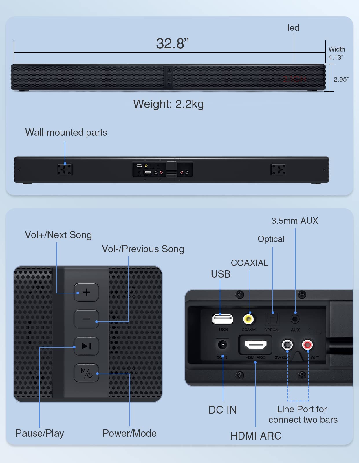 Puxinat 2 in 1 Separable Sound Bars for TV, 2.2 Channel 32Inch Bluetooth 5.0 TV Speaker for Surround Sound System, Built-in Dual Subwoofer, Bass Adjustable, Remote Control Included (2.2CH Sound Bar)