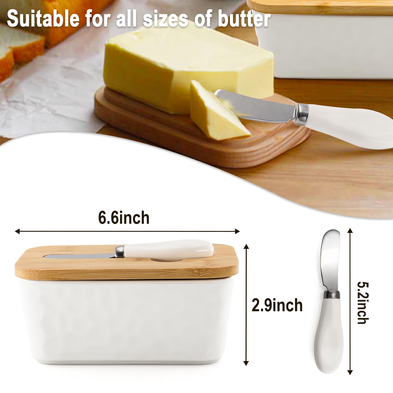 Butter Dish with Lid, Butter Dish with Butter Curler Knife, with Airtight Cover, Butter Keeper for Counter or Fridge, White