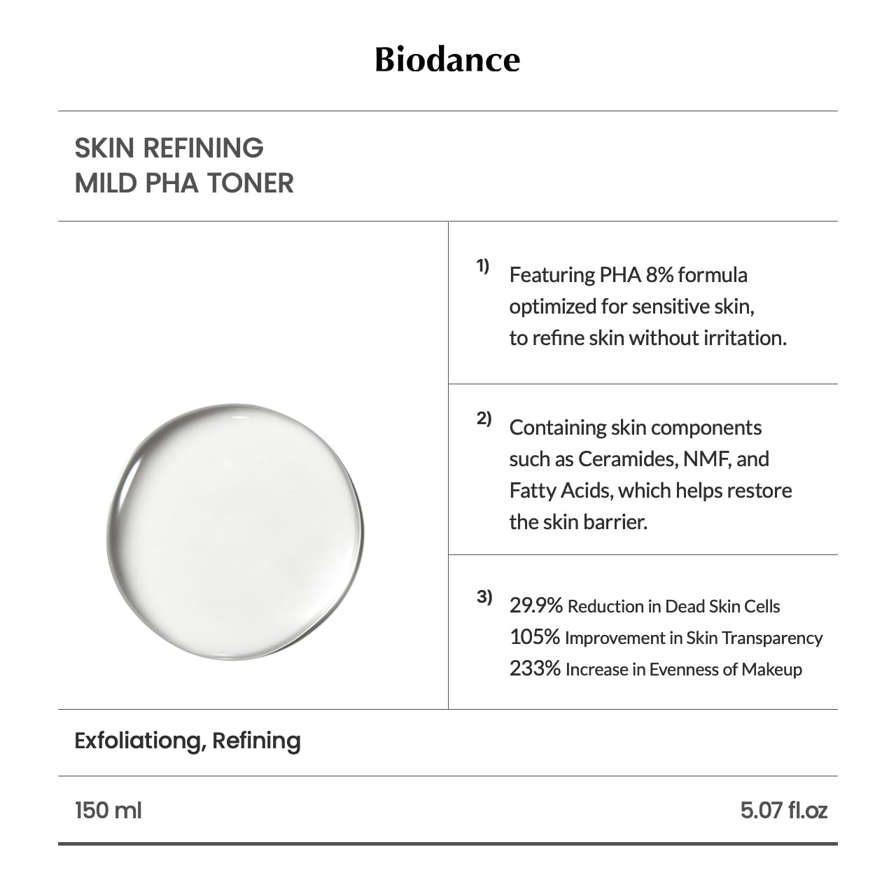 Biodance Skin Refining Mild PHA Toner, Gentle Exfoliating, Hydrating Face Toner for Sensitive Skin with Ceramides & NMF, Korean Skin Care | 5.07 fl.oz,150ml