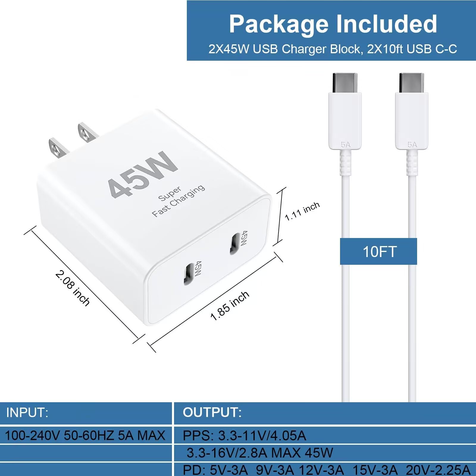 45W USB C iPhone 16 15 Pro Max Charger Fast Charging Block Dual Port iPhone 15 16 Charger & 10FT Long Type C Cable Cord for iPhone 16/16 Pro/Max/15/ProMax Plus, Samsung Galaxy S24, Android Phone, iPad