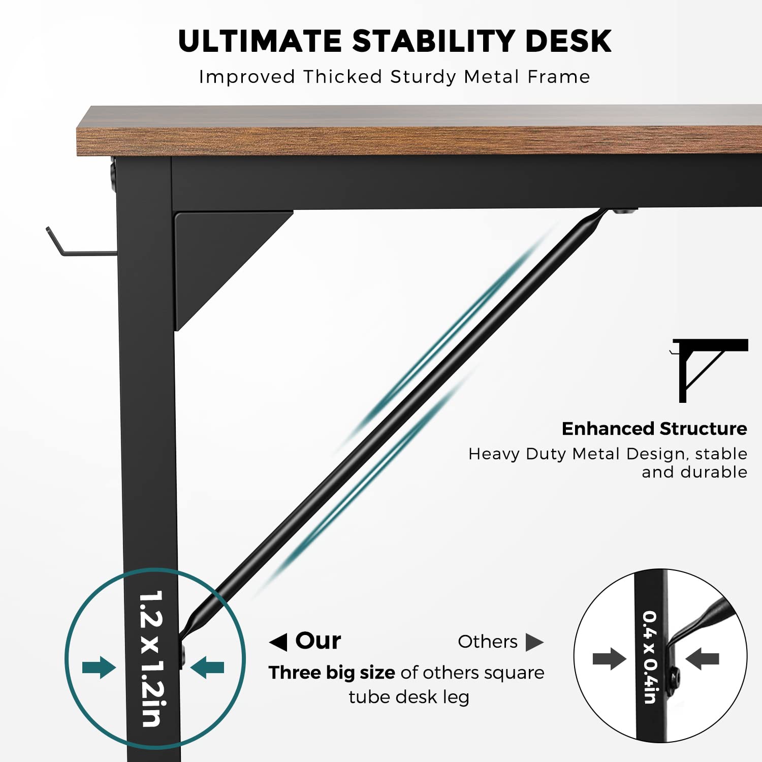 DUMOS Computer Small Desk Office 32 Inch Writing Work Kids Study Simple Wooden Table for Home Bedroom Modern Style with Headphone Hooks & Storage Bag, Rustic Brown