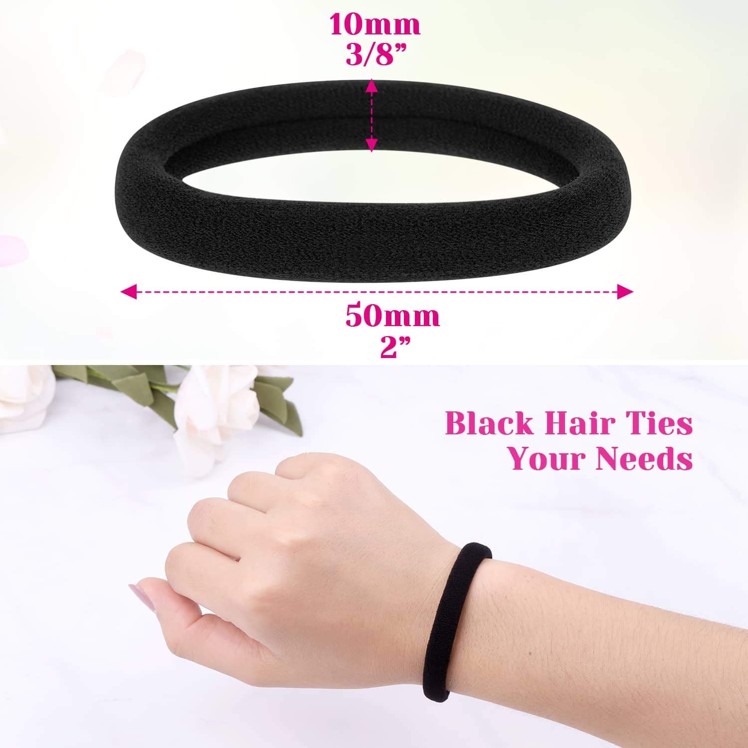 Anezus 50 Pcs Thick Black Hair Ties Large Elastics Bulk Hair Ties Stretch Hair Bands Ponytail Holders for Thick Heavy and Curly Hair