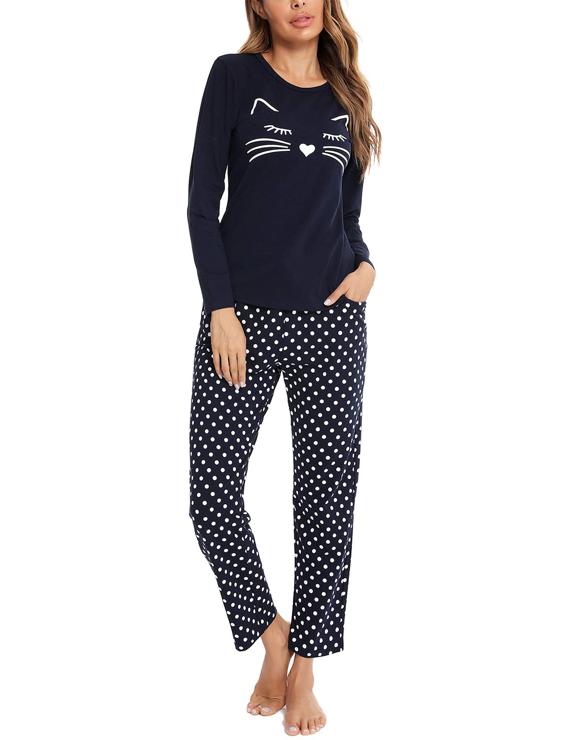 EISHOPEER Women's Long Sleeve Cat Print Top and Polka Dot Pants Sleepwear Pajama Set Navy Blue XS