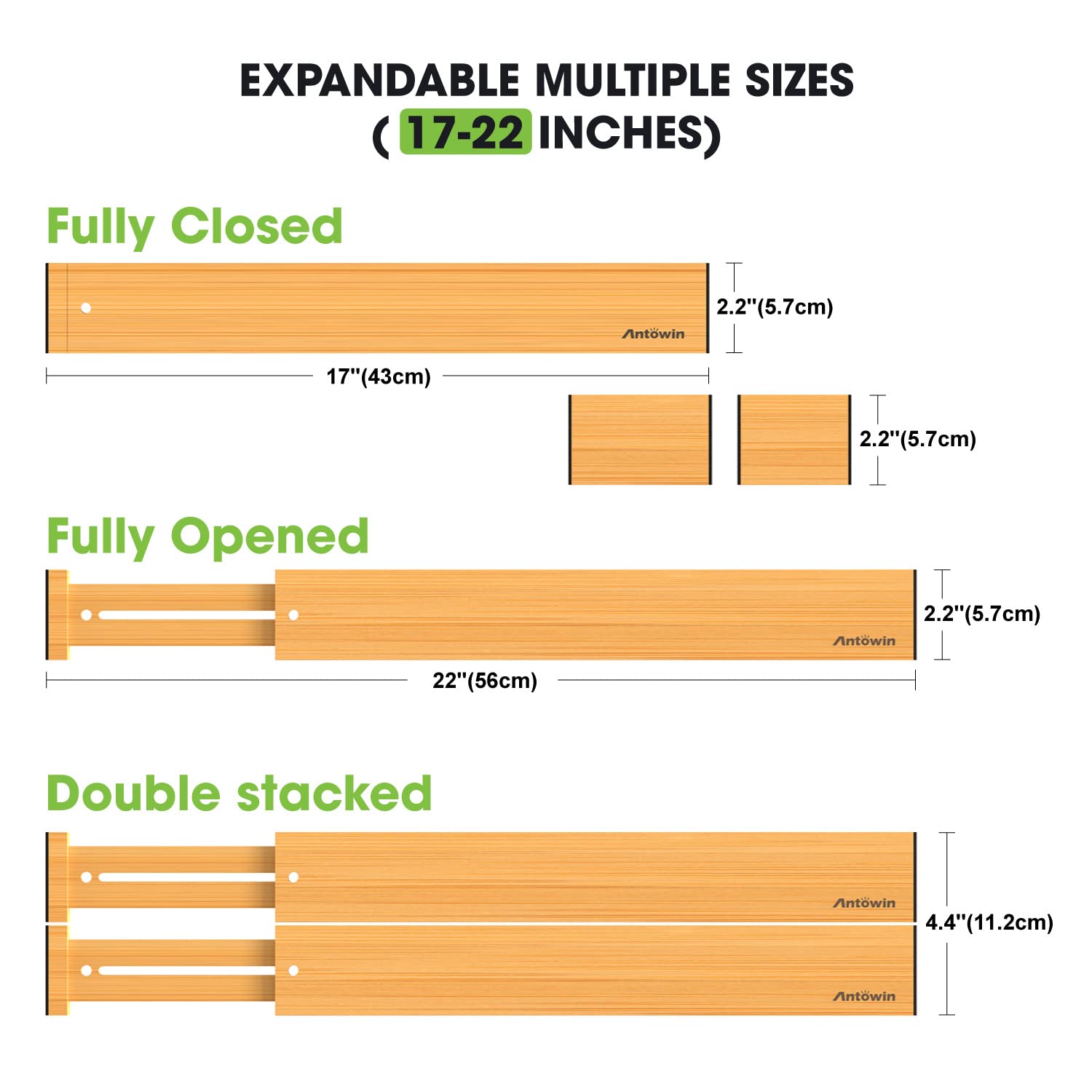 ANTOWIN Bamboo Drawer Dividers Organizers 16pcs, Expandable Drawer Separators Splitter, 17-22 inches Long Adjustable Spring-loaded Organizer for Large Utensil, Clothes, Tools Drawers (8+8)