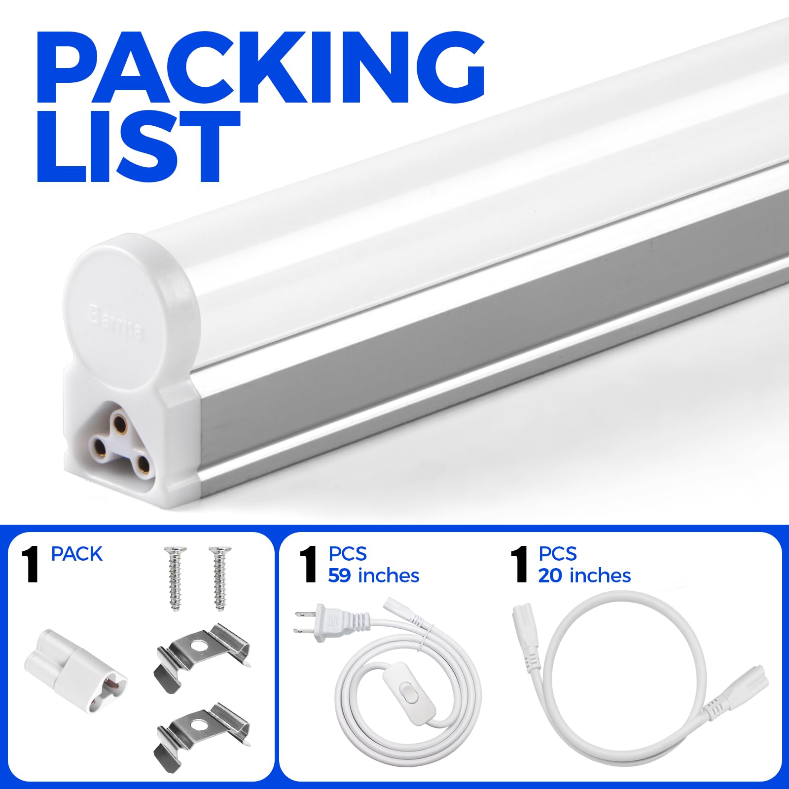 Barrina LED T5 Integrated Single Fixture, 4FT, 2200lm, 6500K (Super Bright White), 20W, Utility Shop Light, Ceiling and Under Cabinet Light, Garage Light with Built-in ON/Off Switch