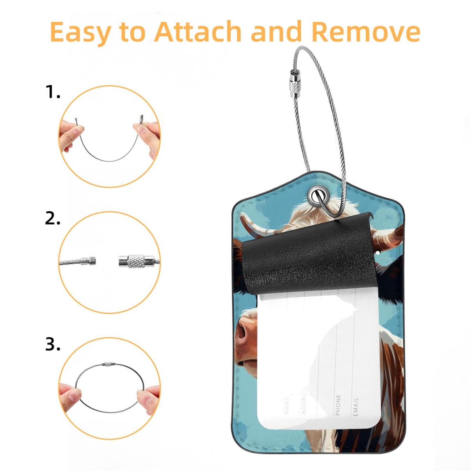 Beautiful CowBright and Personalized Luggage Tags, Set of 2 Metal Loop Lock Baggage Tags with Privacy Flap Cover