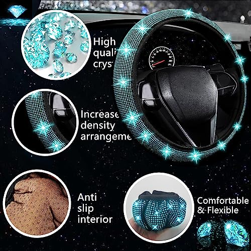 NBTEPEM 27 PCs Aquamrine Bling Car Accessories Set for Women, Steering Wheel Covers Universal Fit 15 Inch, Bling License Plate Frame, Bling Phone Holder, Bling Car Coasters (Aquamrine Diamond)
