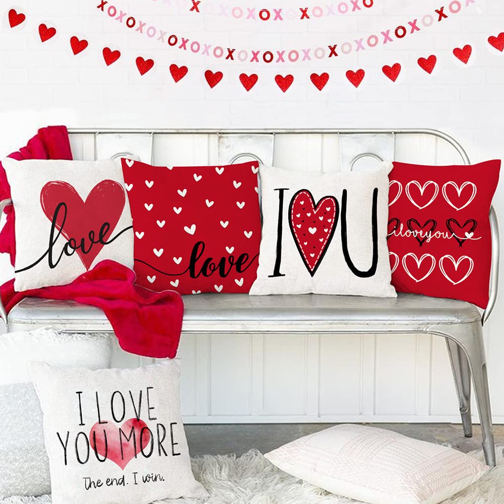 GEEORY Valentines Day Pillow Covers 18x18 Set of 4 Love Heart Valentines Day Decor Throw Pillows Decorative Cushion Cases for Sofa Couch Valentine Decorations